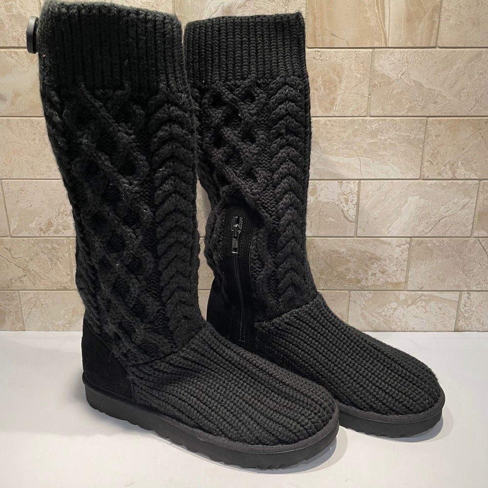 UGG Cardy Black Cable‎ Knit Tall Boots Side Zip Button 1146010 Womens 10 NWOT